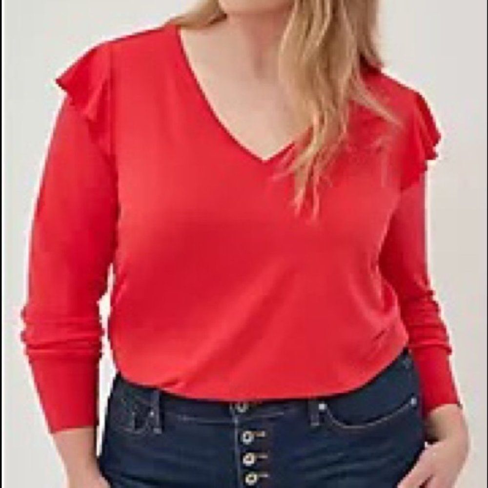 NWT Torrid FRENCH TERRY V-NECK RUFFLE SHOULDER SWEATSHIRT 1x Red NWT